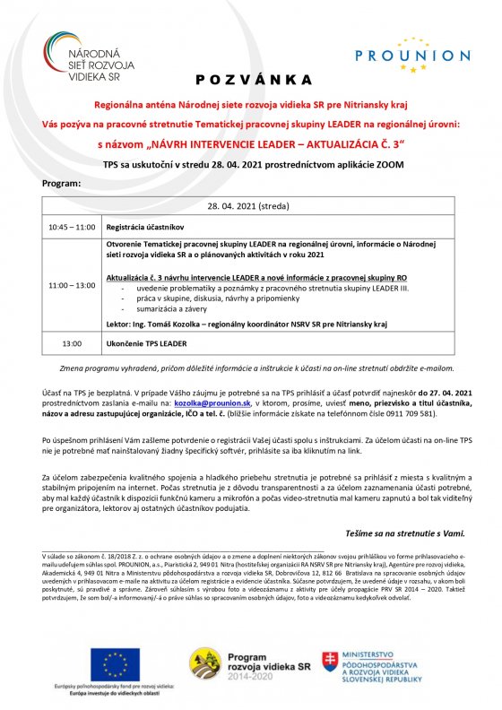 Tematická pracovná skupina LEADER na regionálnej úrovni „NÁVRH INTERVENCIE LEADER – AKTUALIZÁCIA Č. 3“